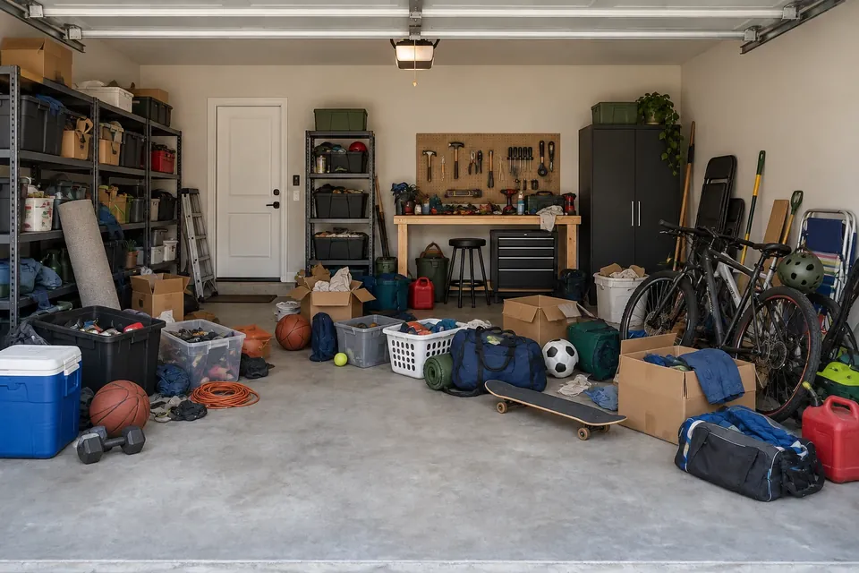 Matching cluttered garage concept with boxes and bikes on the floor